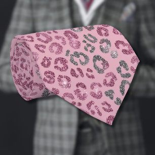 Elegant Pink Silver Glitter Leopard on Rose Gold Neck Tie