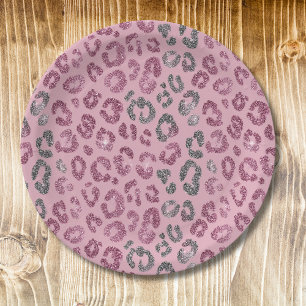 Elegant Pink Silver Glitter Leopard on Rose Gold Paper Plates