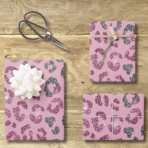 Elegant Pink Silver Glitter Leopard on Rose Gold Wrapping Paper Sheets