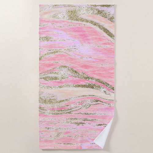 Elegant Pink Silver Glitter Marble Pattern Chic Beach Towel