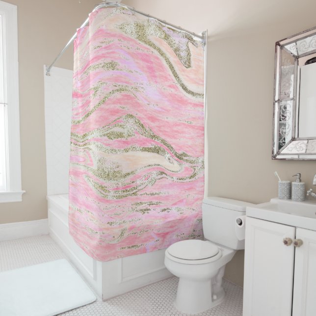 Elegant Pink Silver Glitter Marble Pattern Chic Shower Curtain (In Situ)