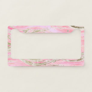 Elegant Pink Silver Glitter Marble Pattern Glam License Plate Frame