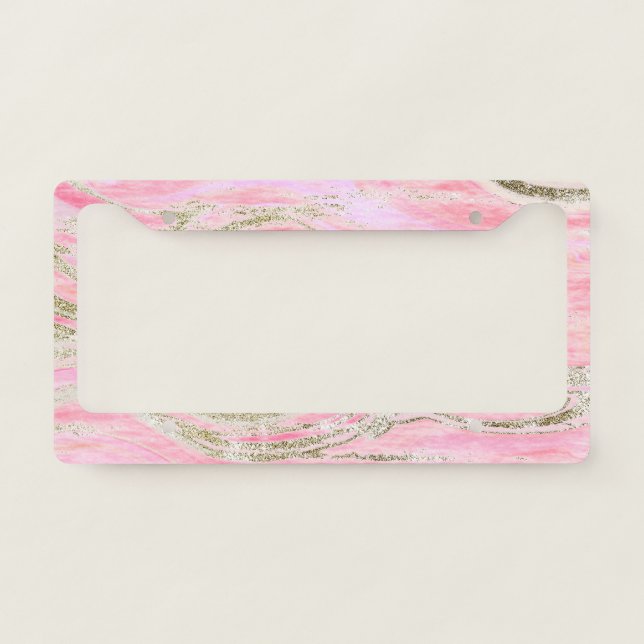 Elegant Pink Silver Glitter Marble Pattern Glam License Plate Frame (Front)