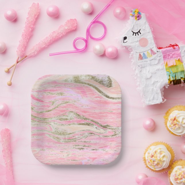 Elegant Pink Silver Glitter Marble Pattern Paper Plates (Party)