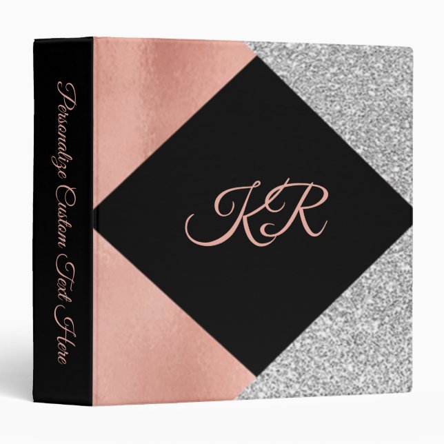 Elegant Pink Silver Glitter Monogram  3 Ring Binder (Front/Spine)