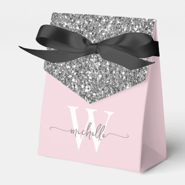  Elegant Pink Silver Glitter Monogram Name Script Favor Boxes (Front Side)