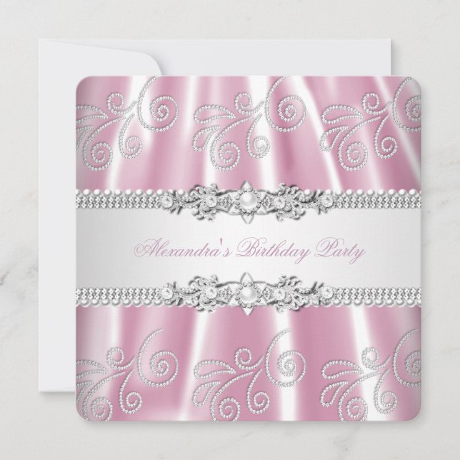 Elegant Pink Silver Lace Diamond Overlay Party Invitation (Front)