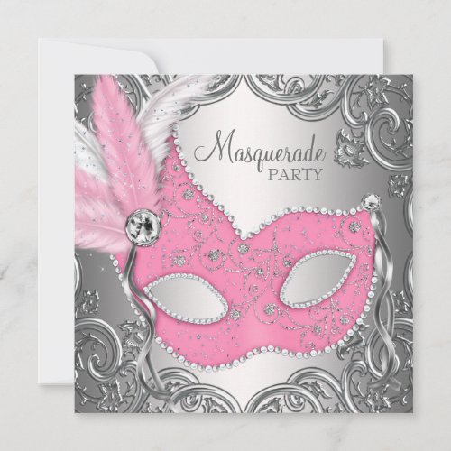 Elegant Pink Silver Mask Masquerade Party Invitation