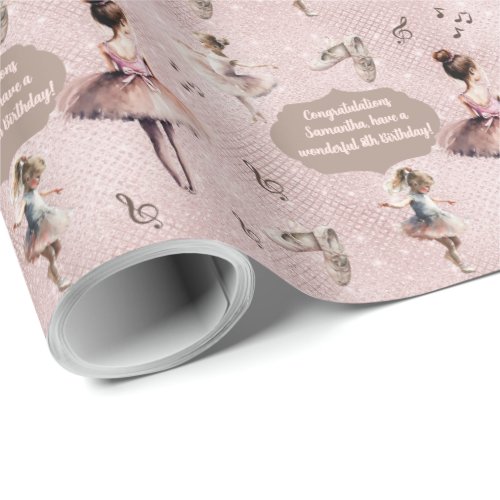 Elegant Pink Silver Name Age Text Ballet Tutu  Wrapping Paper