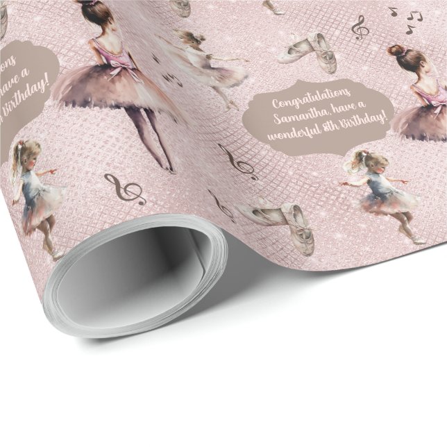 Elegant Pink Silver Name Age Text Ballet Tutu  Wrapping Paper (Roll Corner)