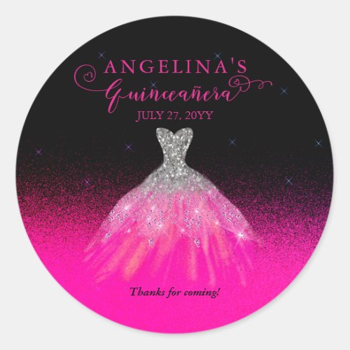 Elegant Pink  Silver Spanish Gown Quinceaera  Classic Round Sticker