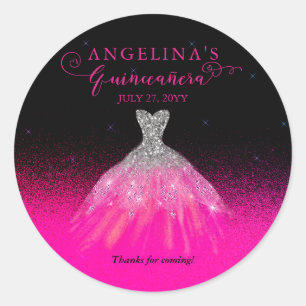 Elegant Pink Silver Spanish Gown Quinceañera Classic Round Sticker