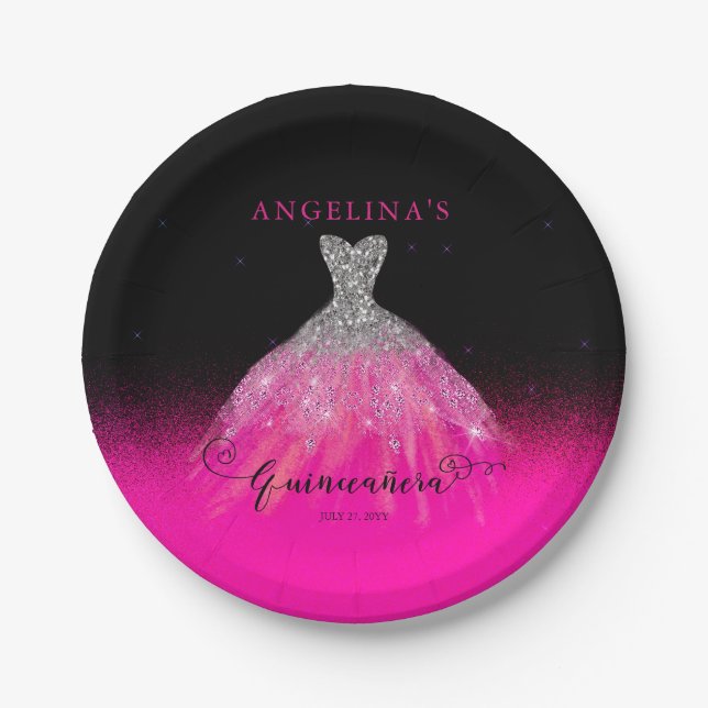 Elegant Pink | Silver Spanish Gown Quinceañera  Paper Plates (Front)