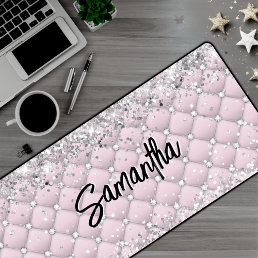 Elegant pink silver sparkly glitter monogram desk mat