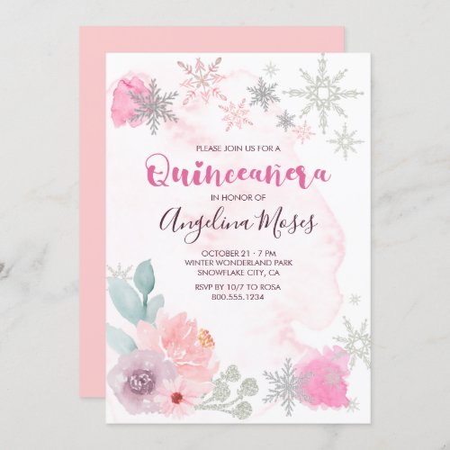 Elegant Pink Silver Winter Wonderland Quinceanera Invitation