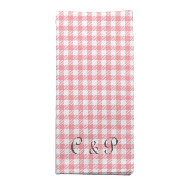 Elegant Pink Small Gingham Plaid with Initials Cloth Napkin (Folded)