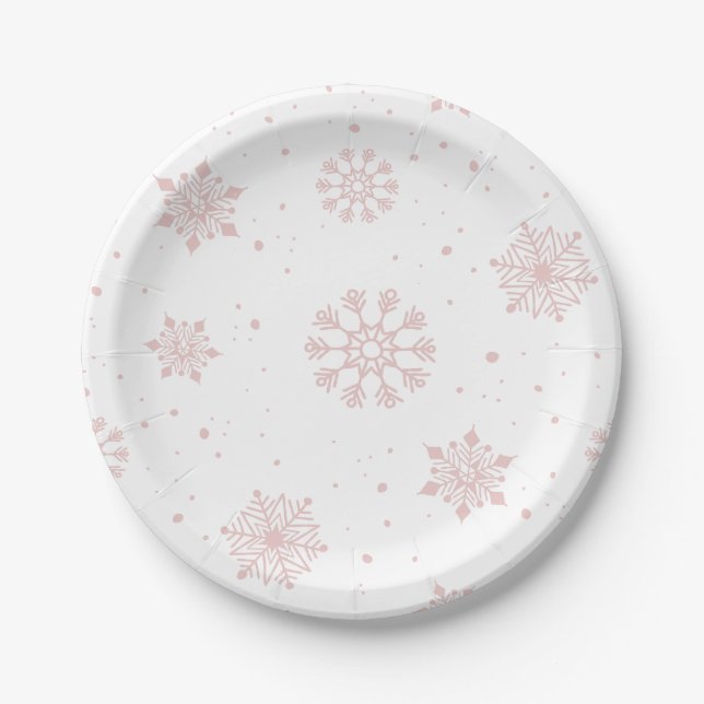 Elegant Pink Snowflakes Winter Wonderland Paper Plates (Front)
