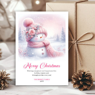 Elegant Pink Snowman Editable Kids Christmas Cards