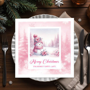 Elegant Pink Snowman Family Gift Winter Scene Xmas Napkins