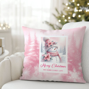 Elegant Pink Snowman Winter Scene Kids Christmas Throw Pillow