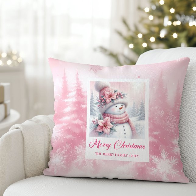 Elegant Pink Snowman Winter Scene Kids Christmas  Throw Pillow (Elegant Pink Snowman Winter Scene Kids Christmas Pillow

)