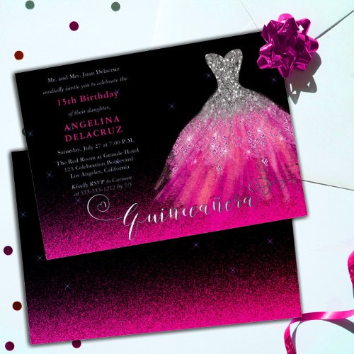 Elegant Pink Spanish Gown Quinceaera _ Silver Foil Invitation