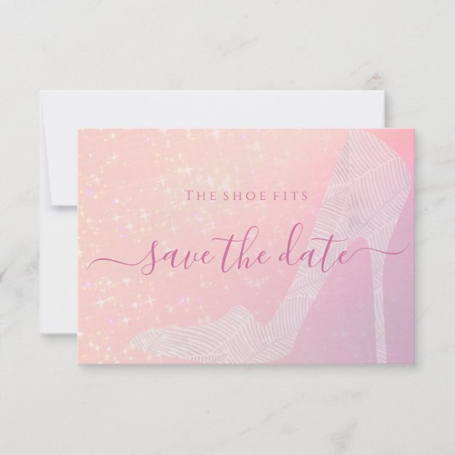 Elegant pink sparkle Cinderella shoe fairy tale Save The Date (Front)