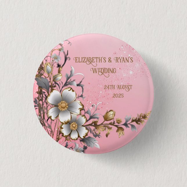 Elegant Pink Sparkle Wedding Background Button (Front)