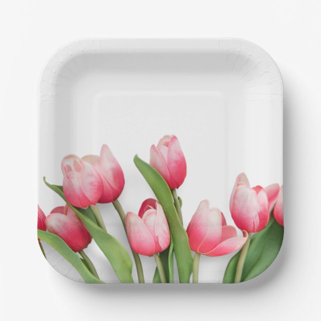 Elegant Pink Spring Tulip Floral Paper Plates (Front)