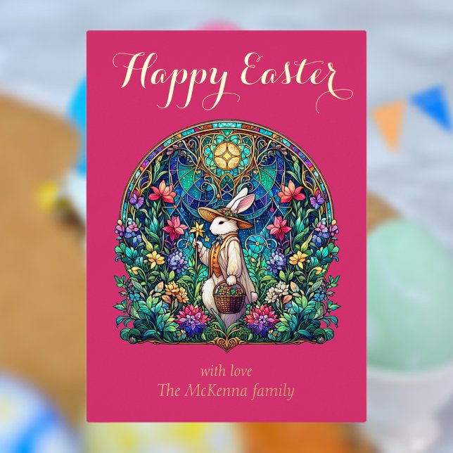 Elegant Pink Stained Glass Bunny Gardener Easter Foil Holiday Card (Creator Uploaded)