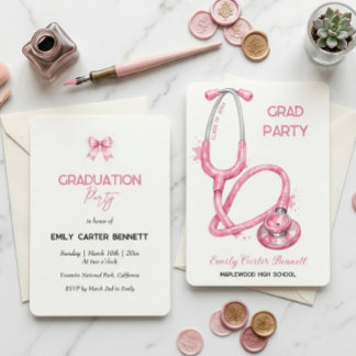Elegant Pink Stethoscope Nurse Doctor Graduation Invitation