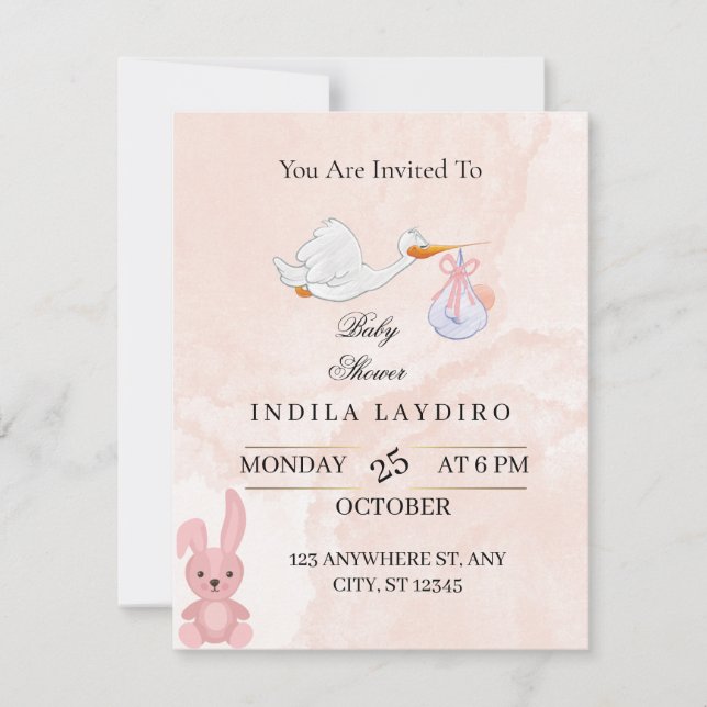 Elegant Pink Stork Baby Shower  Note Card (Front)
