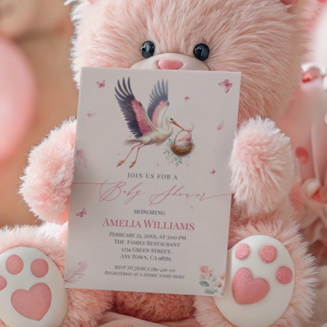 Elegant Pink Stork Baby Shower with Butterflies Invitation (Creator Uploaded)