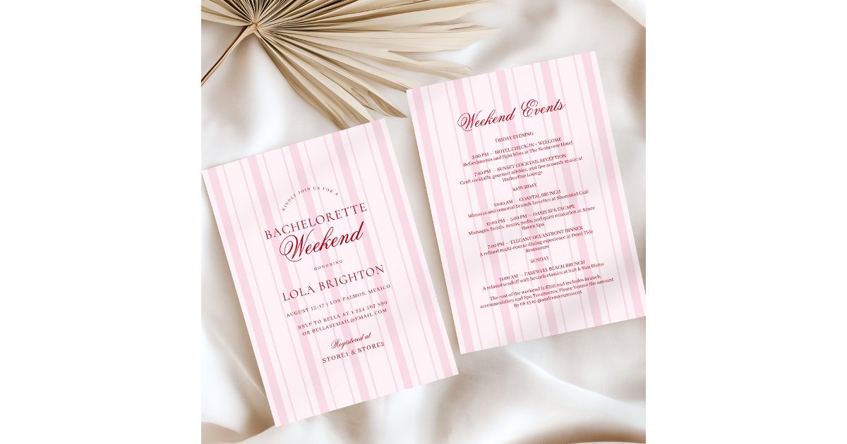 Invitations Week Elegant Pink Stripe Bachelorette Weekend Itinerary Invitation | Zazzle