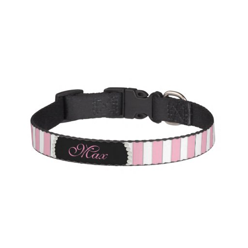Elegant Pink Stripe Pearl Name Monogram Pet Collar