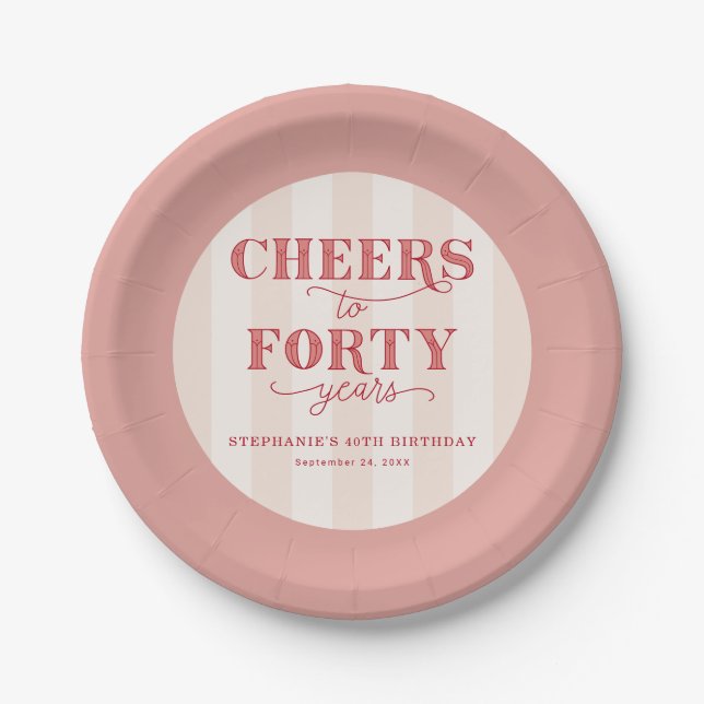 Elegant Pink Striped Cheers to 40 Years Birthday  Paper Plates (Front)
