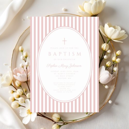Elegant Pink Striped Girl Baptism Invitation