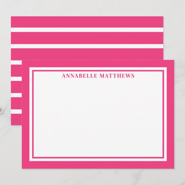 Elegant Pink Striped Monogram Note Card (Front/Back)