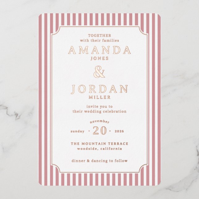 Elegant Pink Striped Wedding Invitation Foil Invitation (Front)