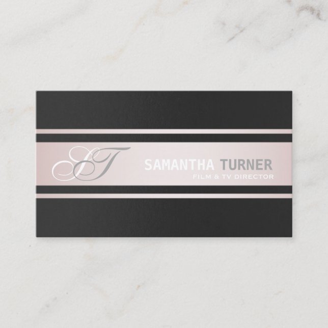 Elegant Pink Stripes Black Professional Monogram Business Card (Front)