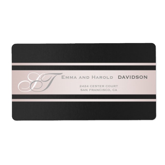 Elegant Pink Stripes Black Texture Custom Monogram Label (Front)