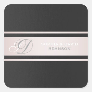 Elegant Pink Stripes Black Textured Monogram Square Sticker