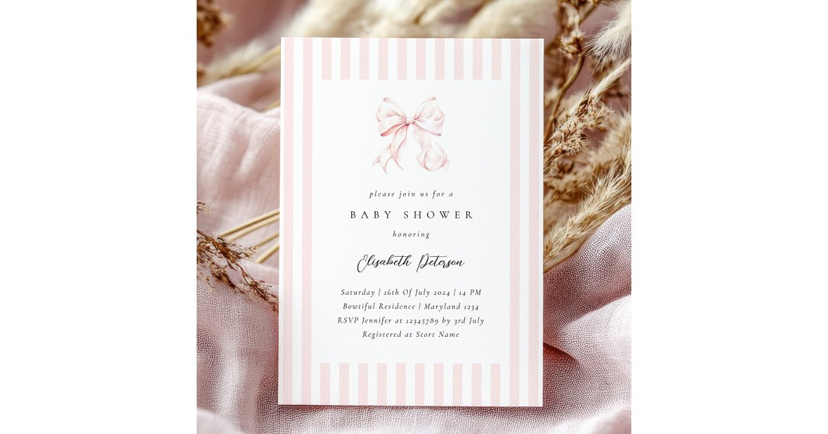 Elegant Pink Stripes Bow Baby Shower Baby Shower Invitation | Zazzle