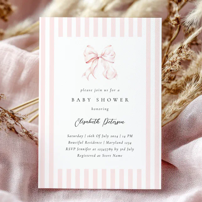 Elegant Pink Stripes Bow Baby Shower Baby Shower Invitation | Zazzle