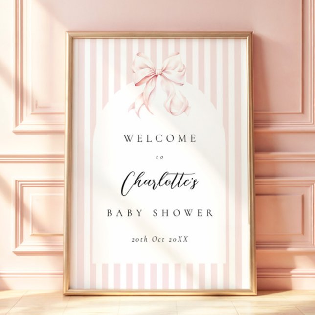 Elegant Pink Stripes Bow Baby Shower Baby Shower Poster (Creator Uploaded)