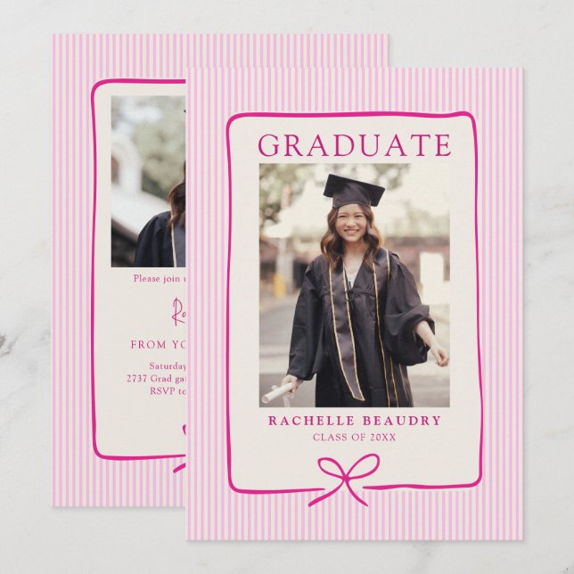 Elegant Pink Stripes Bow Frame Graduation Party Invitation (Front/Back)