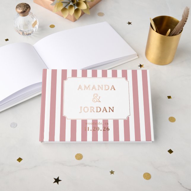 Elegant Pink Stripes Foil Guest Book (Front Open)