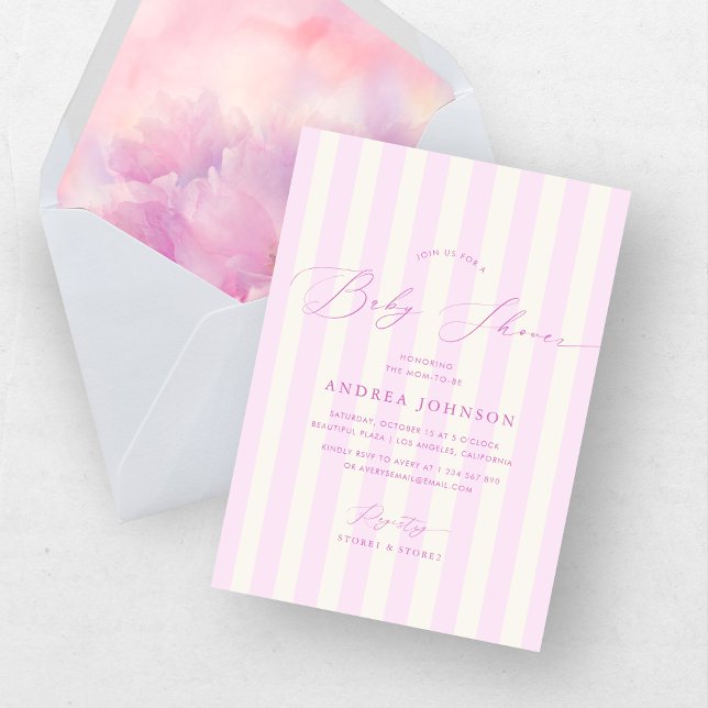 Elegant pink stripes girl baby shower invitation (Creator Uploaded)