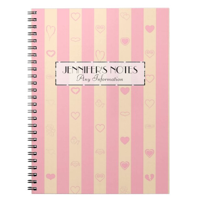 Elegant Pink Stripes Modern Heart Pattern Notebook (Front)
