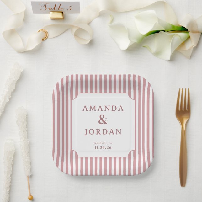 Elegant Pink Stripes Paper Plates (Wedding)